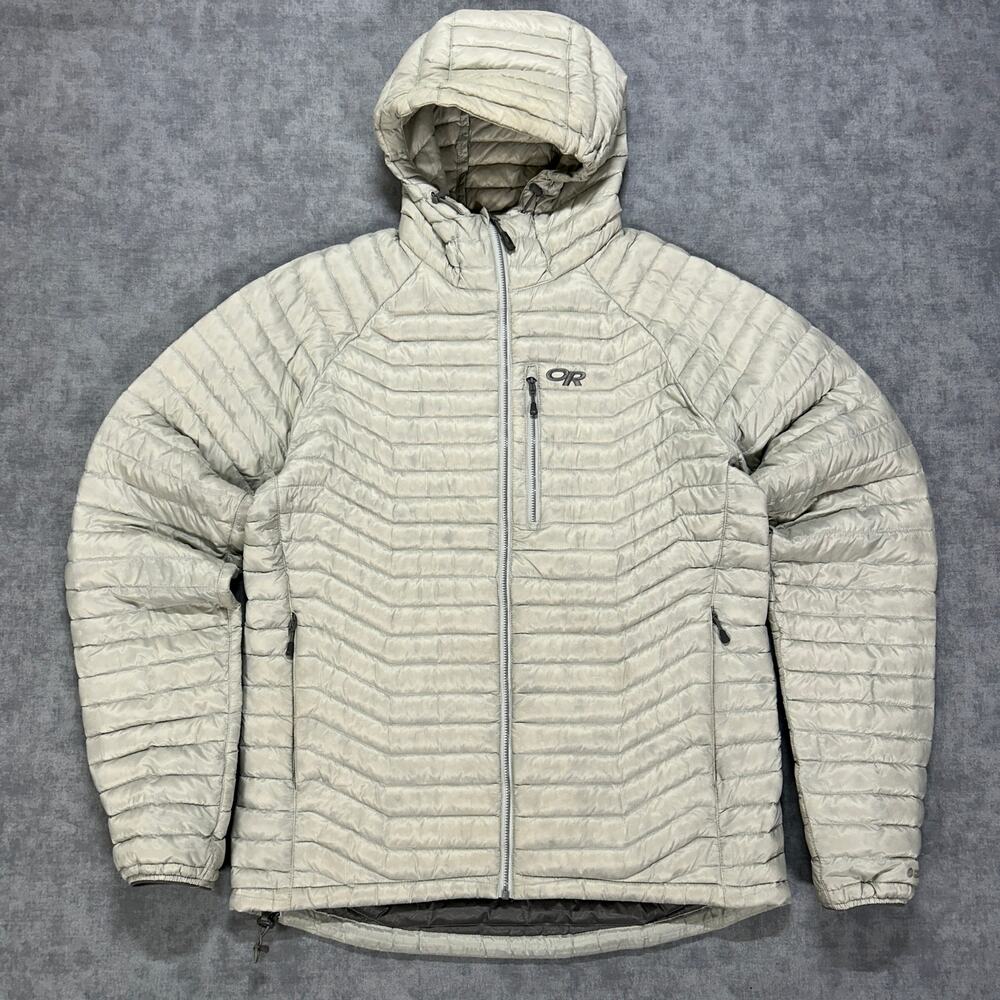 Outdoor Research Transcendent Down Hoody Jacket 80/20 Down White Grey Mens L